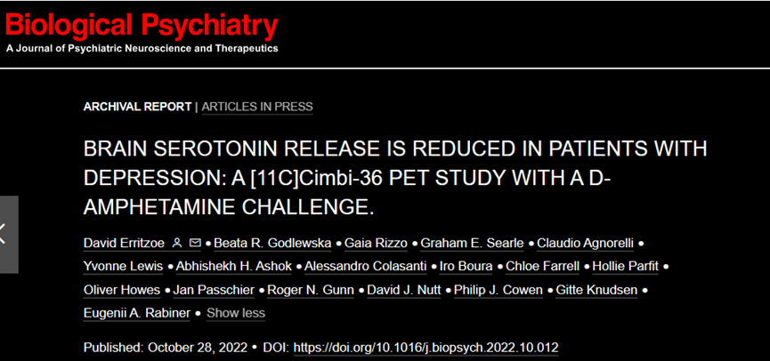 《生物精神病学》：首次直接证实抑郁症患者存在5-HT释放障碍！