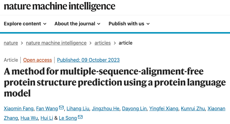 Nature子刊：百图生科宋乐团队开发新型蛋白质结构预测工具，不依赖多序列对比，效率更高