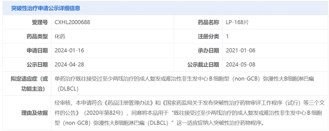 麓鹏制药新一代BTK抑制剂拟纳入突破性治疗品种
