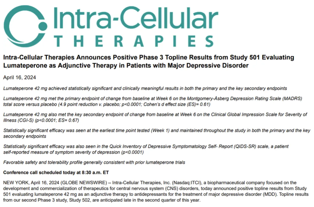 Intra-Cellular Therapies涨23%：lumateperone重度抑郁三期临床成功