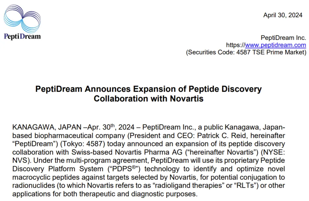 29亿美元：诺华与PeptiDream合作开发环肽RDC药物