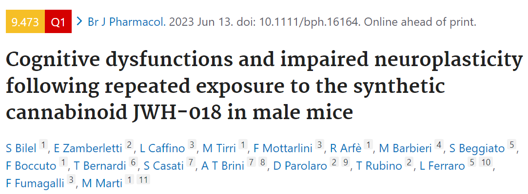 Br J Pharmacol: 反复暴露大麻素JWH-018导致小鼠认知功能障碍
