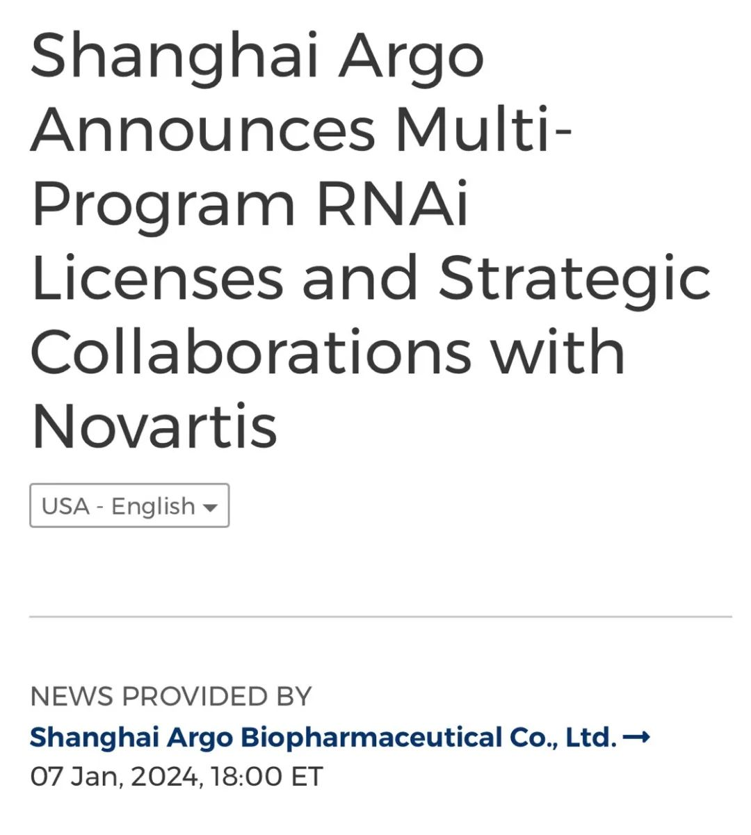 超40亿美元：上海Argo与Novartis达成多项目RNAi独家合作
