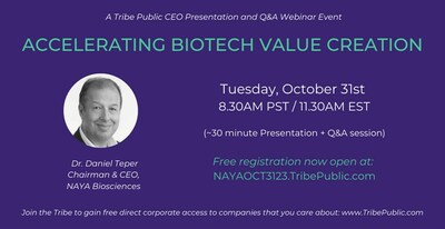 Free Registration Is Now Open For Tribe Public's CEO and Q&A Presentation Webinar Event "Accelerating Biotech Value Creation" Featuring NAYA Biosciences CEO Dr. Daniel Teper On Tuesday, October 31, 2023