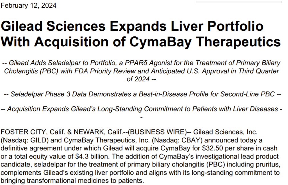 43亿美元：吉利德收购CymabayTherapeutics