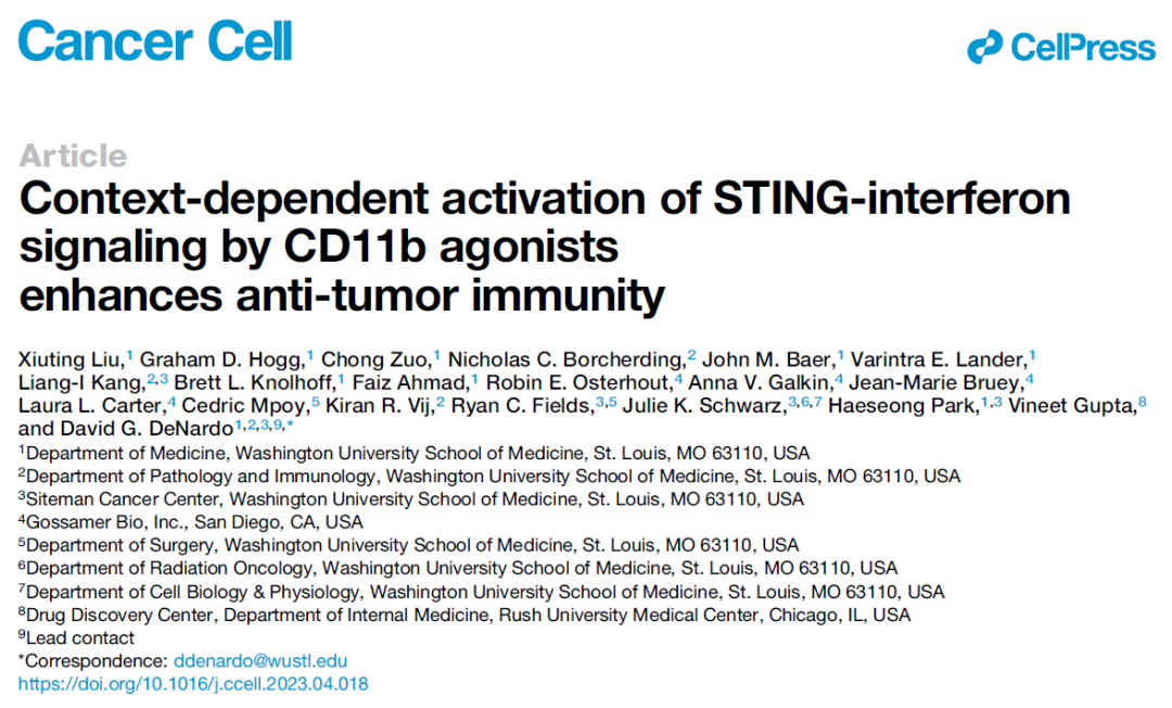 Cancer Cell：揭开CD11b激动剂发挥抗肿瘤免疫反应的机制