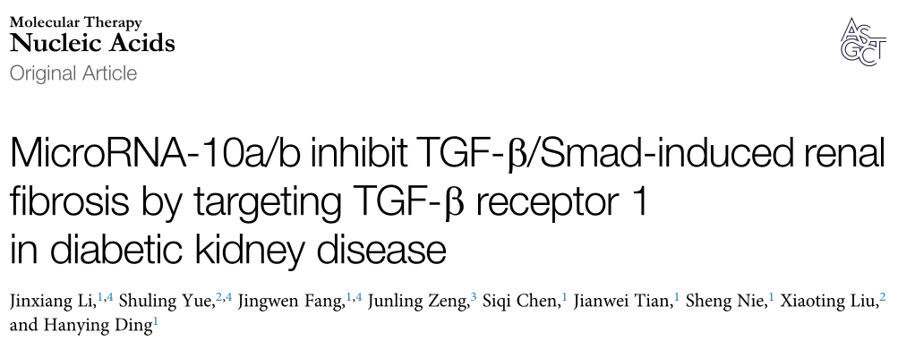 非编码RNA: MicroRNA-10a/b通过靶向转化生长因子-b受体抑制糖尿病肾病肾纤维化
