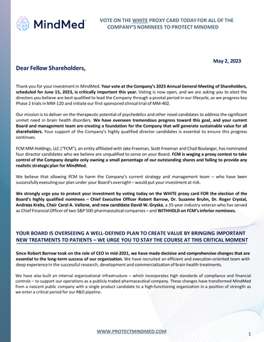 MindMed Sends Letter to Shareholders Highlighting Company’s Positive Momentum and Value-Enhancing Strategy