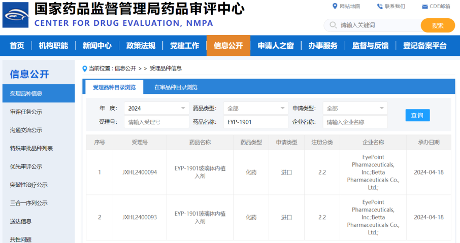 贝达药业EYP-1901玻璃体内植入剂临床试验申请获受理