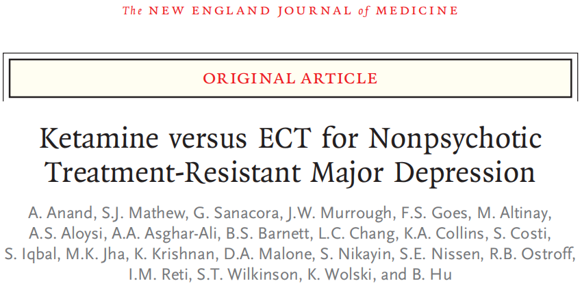 NEJM：突破！哈佛团队发现，氯胺酮治疗难治性重度抑郁症响应率达55.4%，不劣于电休克疗法