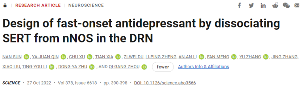 Science：我国科学家开发出一种能在短短两小时内在小鼠体内产生抗抑郁效果的新药物