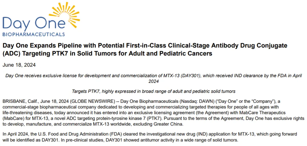 12亿美元：麦科思生物PTK7 ADC授权给Day One