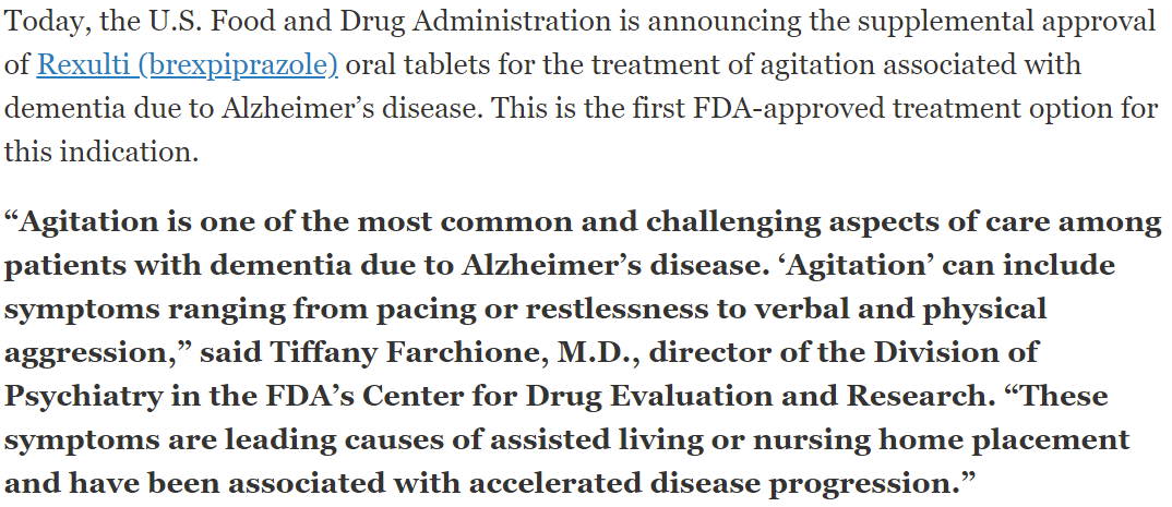 FDA批准首款阿尔茨海默症激越药物：Brexpiprazole