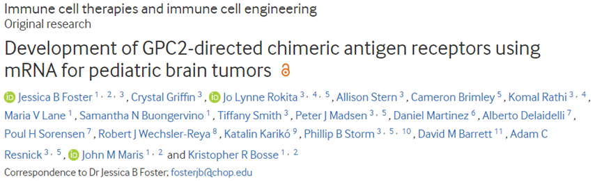 JITC：通过电穿孔递送mRNA开发出靶向GPC2的CAR-T细胞，有望用于治疗儿童脑瘤