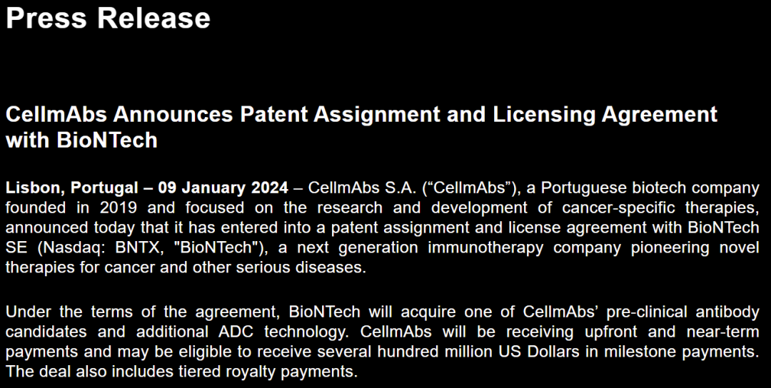 数亿美元：BioNTech引进CellmAbs一款临床前ADC