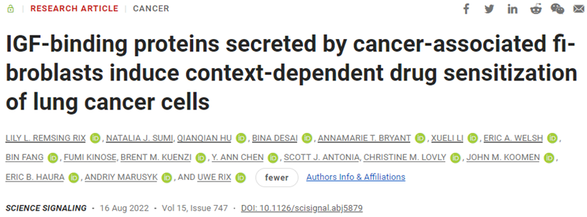 Science子刊：新研究揭示癌症相关成纤维细胞诱导药物敏感性和药物抵抗性机制